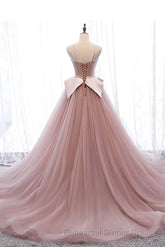 Pink Spaghetti Straps Tulle Long Semi Formal Prom Dress, Unique Long Wedding Dess